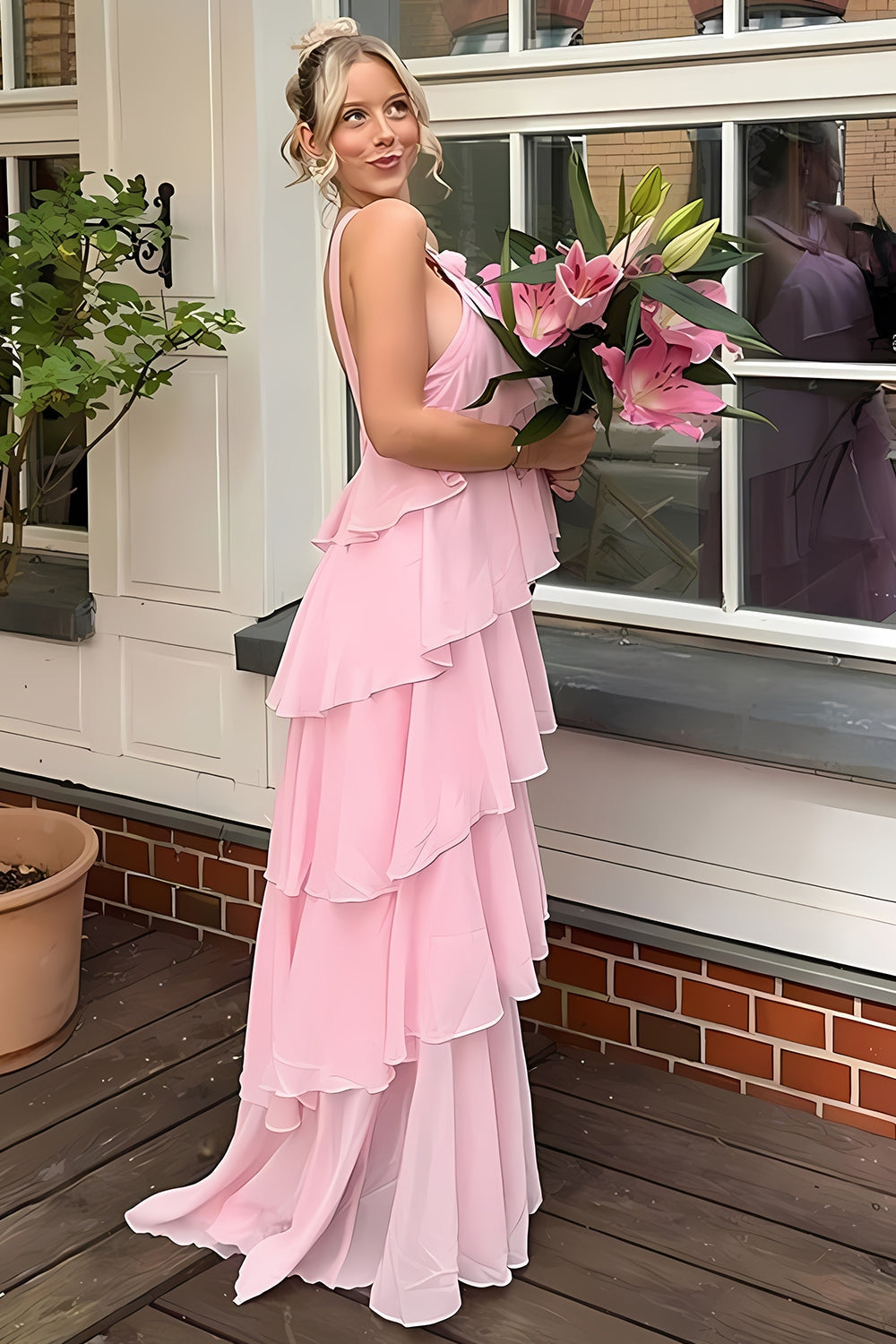 Princess A Line Halter Neck Pink Chiffon Long Prom Dresses
