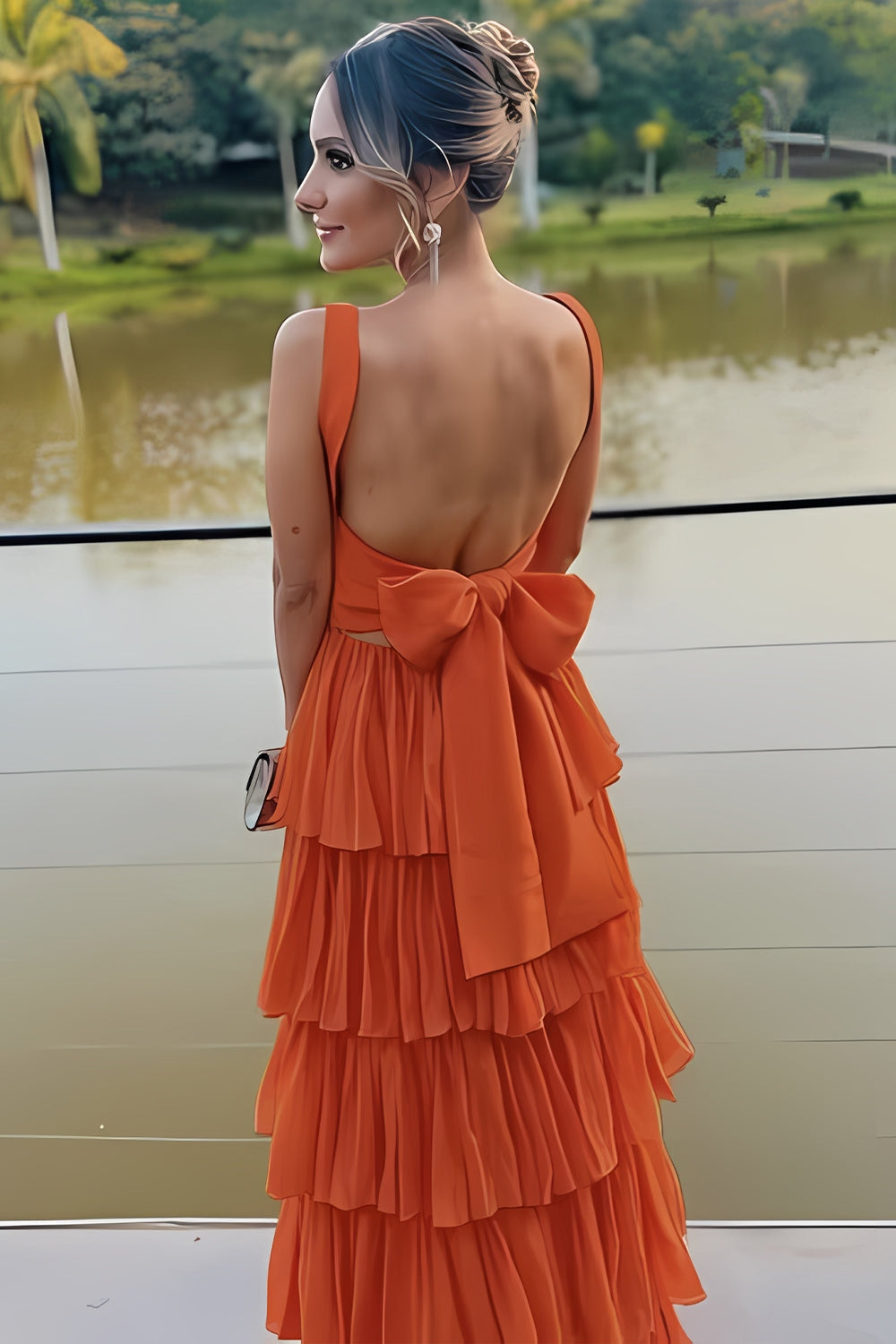 Gorgeous A Line Square Neck Chiffon Orange Long Prom Dresses
