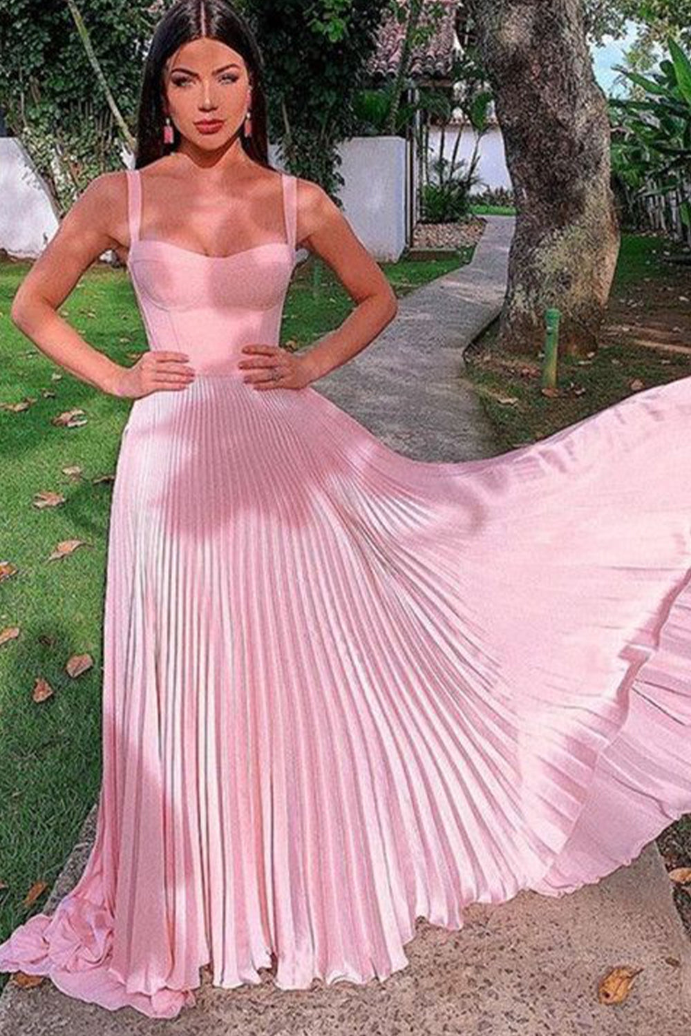 Princess Satin A Line Spaghetti Straps Pink Long Prom Dresses