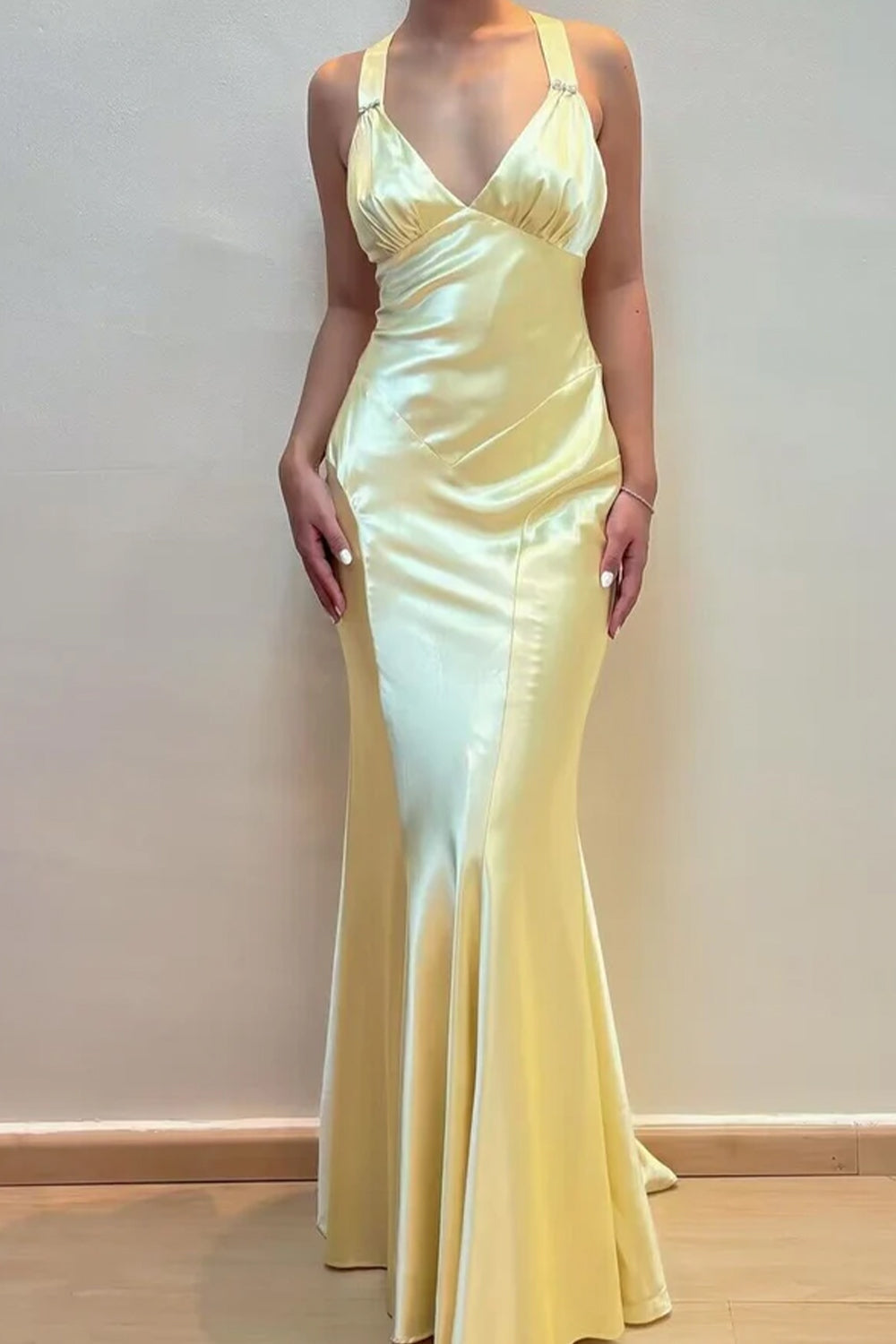 Simple Sheath V Neck Yellow Satin Mermaid Long Prom Dresses
