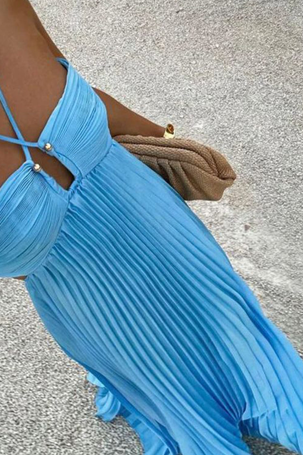 A Line Halter Neck Blue Chiffon Long Party Dresses