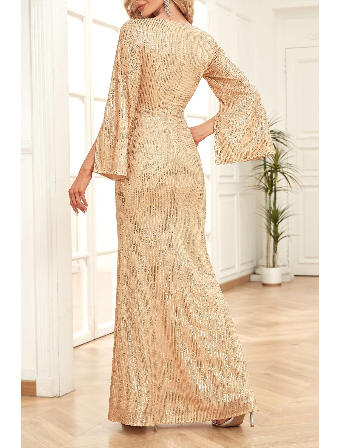 Aimishang Mermaid / Trumpet Mother of the Bride Dress Wedding Guest Party Sparkle & Shine Scoop Neck V Neck Floor Length Sequined 3/4 Length Sleeve with Ruching Solid Color