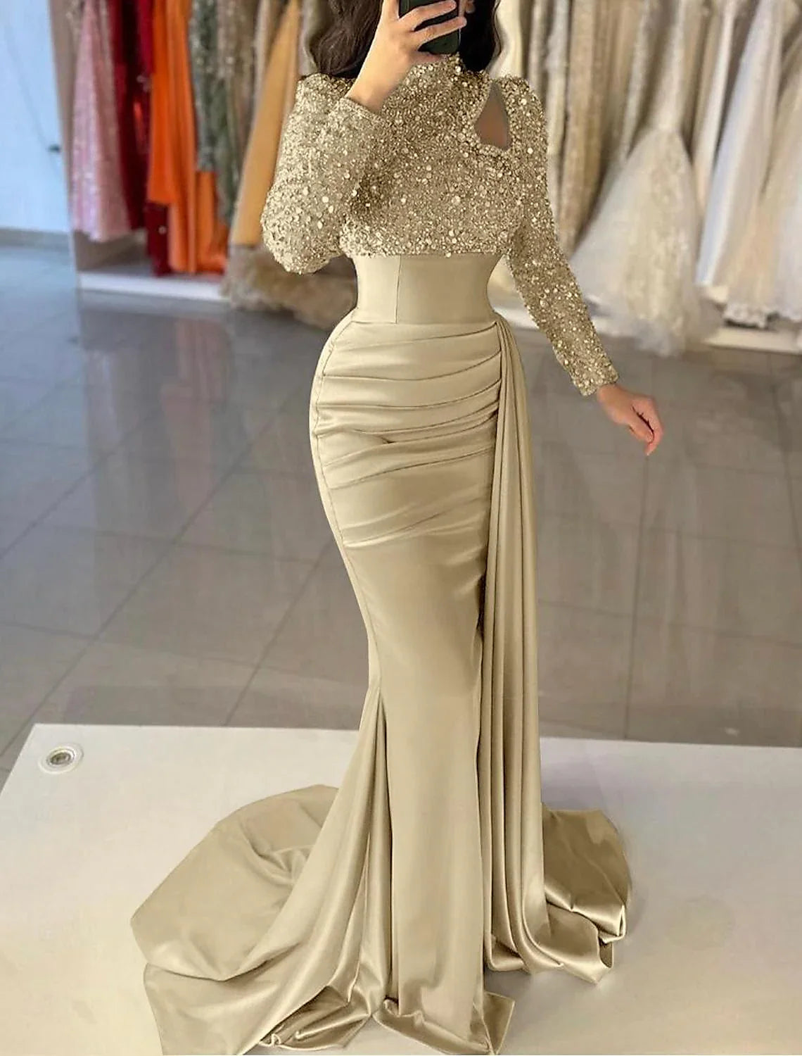 Aimishang Mermaid / Trumpet Evening Gown Elegant Dress Formal Sweep / Brush Train Long Sleeve High Neck Satin with Pearls Sequin