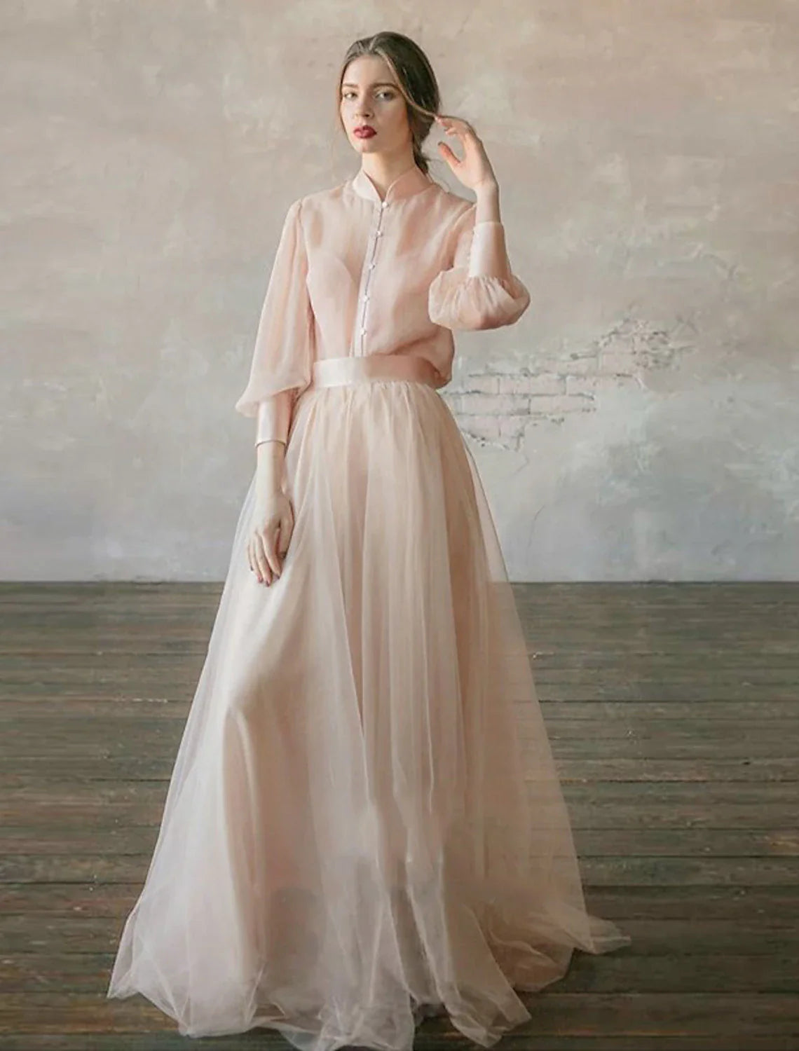 Two Piece Party Dress Minimalist Wedding Guest Formal Evening Birthday Dress Stand Collar Long Sleeve Floor Length Chiffon with Tier 2025