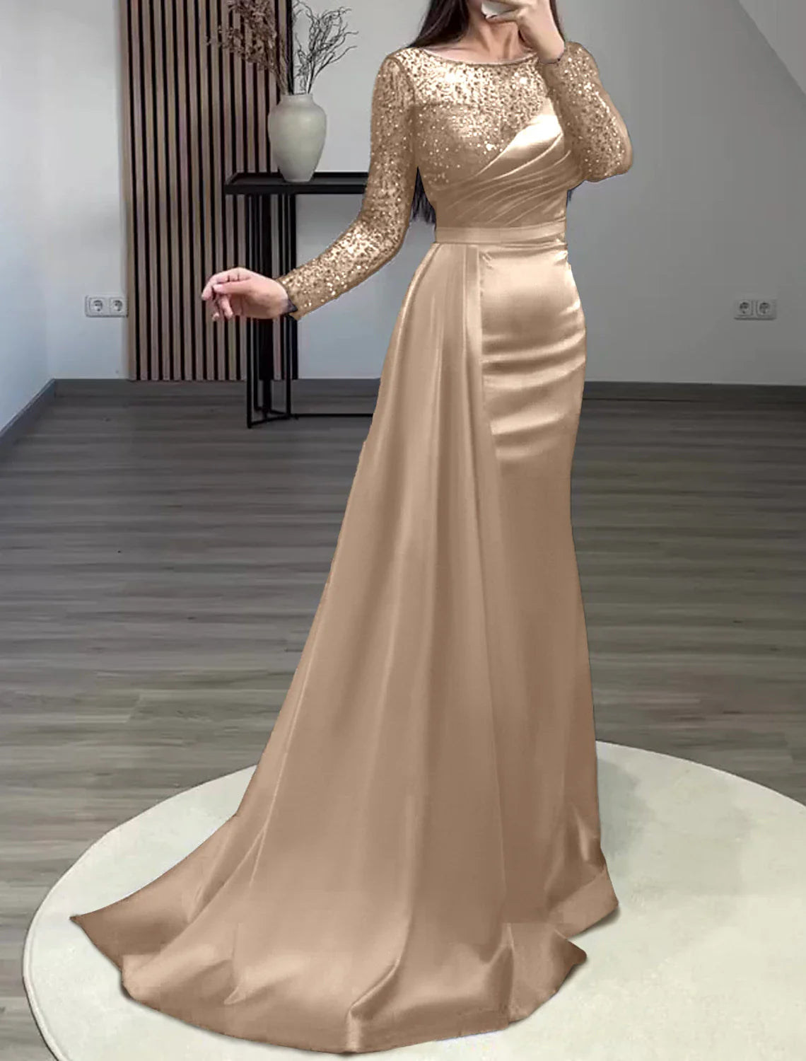 Mermaid Dress Evening Gown Red Green Dress Formal Wedding Guest Court Train Long Sleeve Jewel Neck Charmeuse with Ruched Pearls Sequin