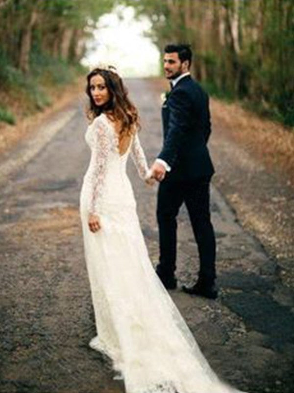 Sheath/Column Long Sleeves V-neck Court Train Applique Lace Wedding Dresses