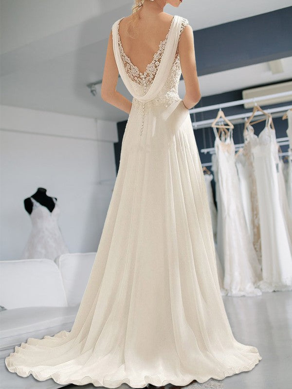 Empire Sleeveless Floor-Length V-neck Lace Chiffon Wedding Dresses
