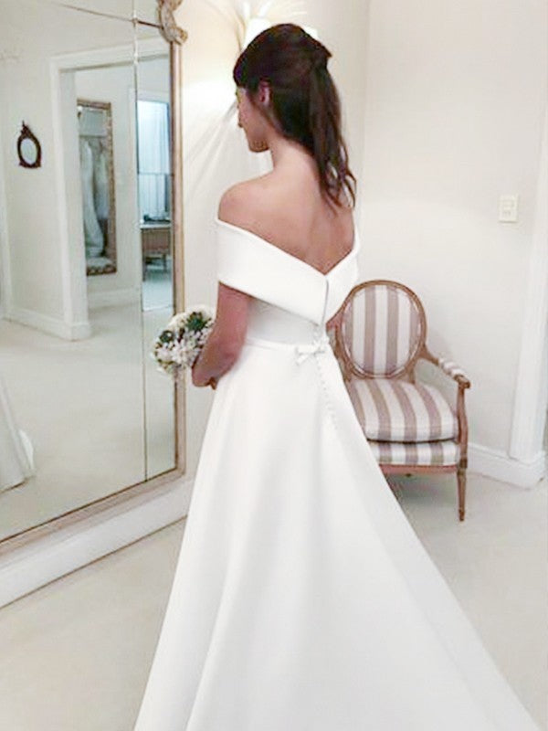 Aimishang  A-Line/Princess Off-the-Shoulder Sleeveless Sweep/Brush Train Ruffles Satin Wedding Dresses