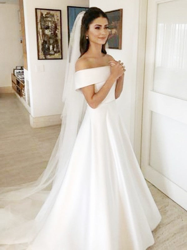 Aimishang  A-Line/Princess Off-the-Shoulder Sleeveless Sweep/Brush Train Ruffles Satin Wedding Dresses