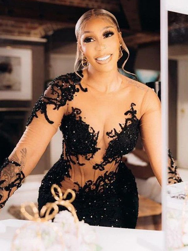 Sheath/Column Velvet Sequins Lace Scoop Long Sleeves Chapel Train Dresses