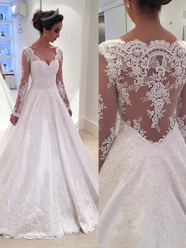 Ball Gown V-neck Long Sleeves Lace Court Train Satin Wedding Dresses