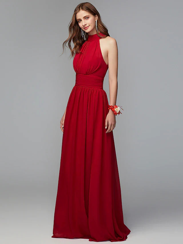 A-Line Bridesmaid Dress High Neck Sleeveless Furcal Floor Length Chiffon with Pleats / Split Front
