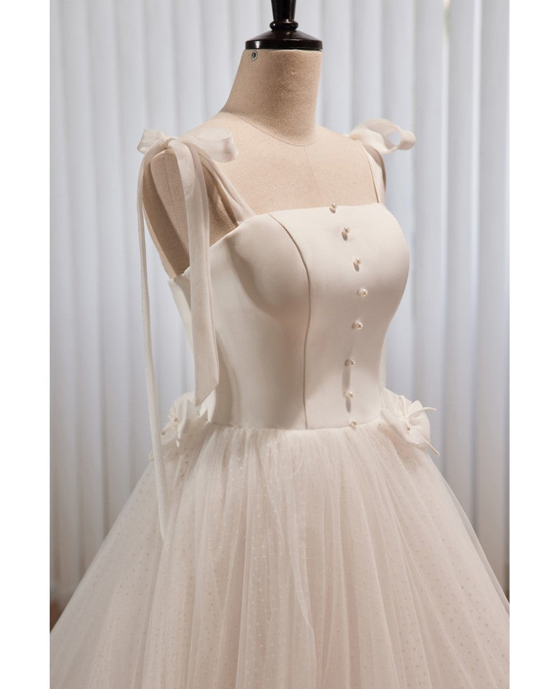 Noble and Unique White Pearl Sleeveless Off Shoulder Bow Ball Dress with White Thin Shoulder Strap Off Back Tie and Floor Length Tail Evening Dress