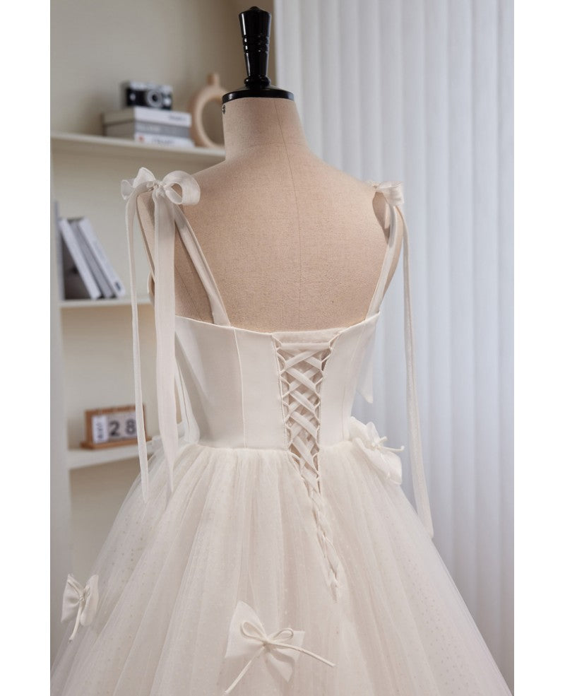 Noble and Unique White Pearl Sleeveless Off Shoulder Bow Ball Dress with White Thin Shoulder Strap Off Back Tie and Floor Length Tail Evening Dress