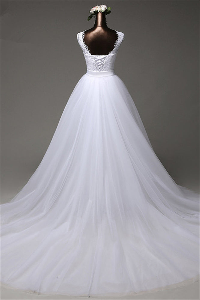 Popular Jewel Sleeveless Lace Long Wedding Dress with Overskirt