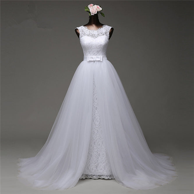 Popular Jewel Sleeveless Lace Long Wedding Dress with Overskirt