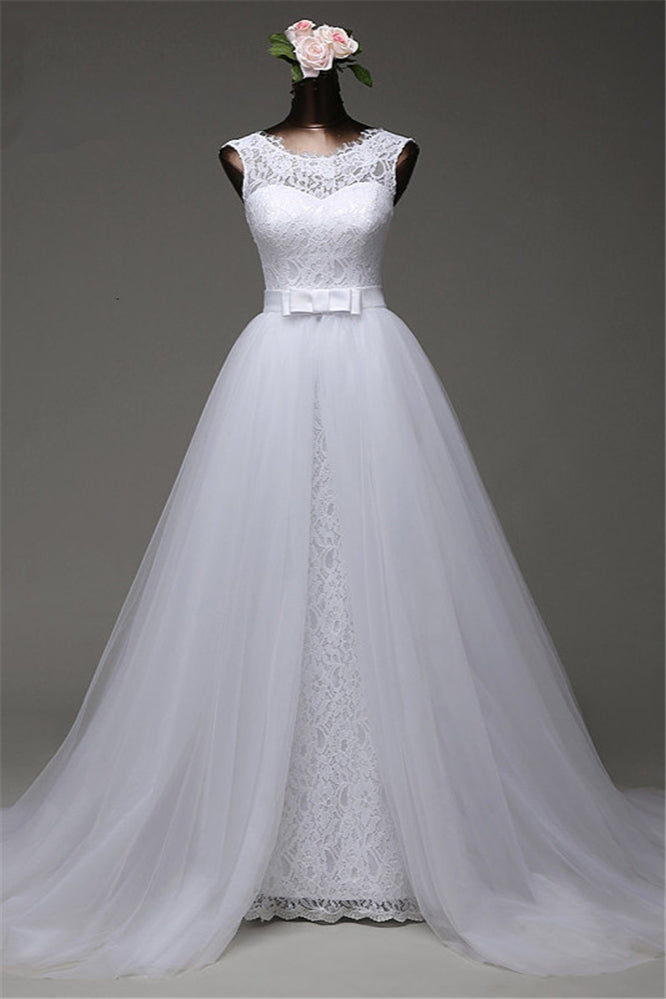Popular Jewel Sleeveless Lace Long Wedding Dress with Overskirt