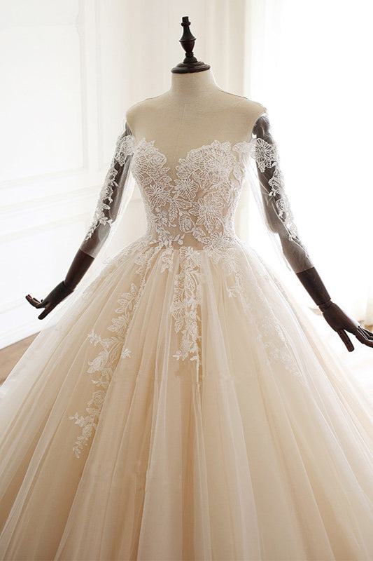 Popular Sweetheart Long Wedding Dress with Lace Appliques Sleeves Ball Gown