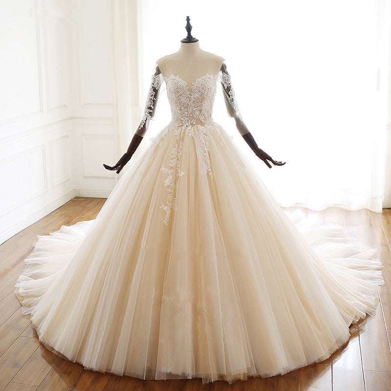 Popular Sweetheart Long Wedding Dress with Lace Appliques Sleeves Ball Gown