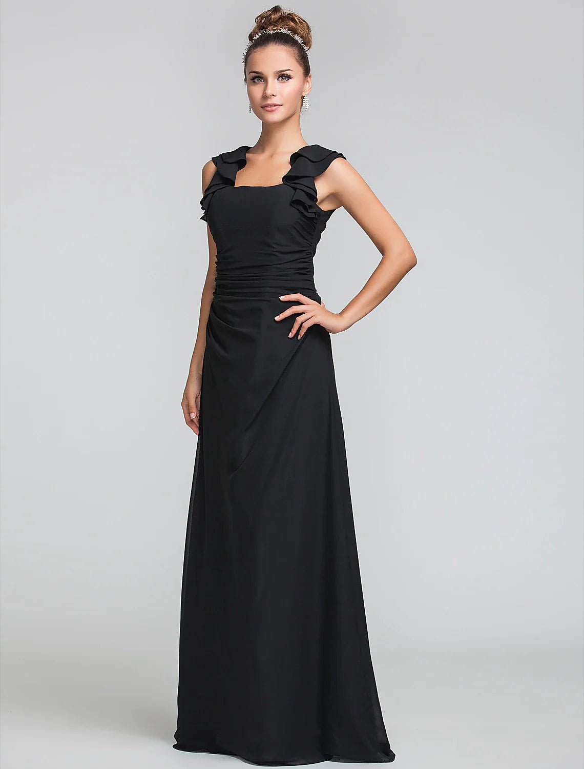 Sheath / Column Square Neck Floor Length Chiffon Bridesmaid Dress with Ruffles / Ruched