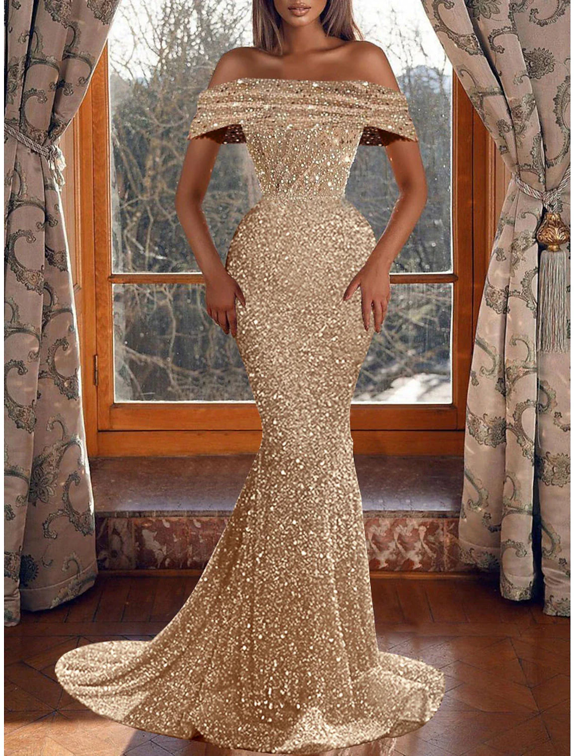 Aimishang Mermaid Party Dress Evening Gown Sparkle & Shine Dress Prom Birthday Asymmetrical Short Sleeve Off Shoulder Sequined with Sequin