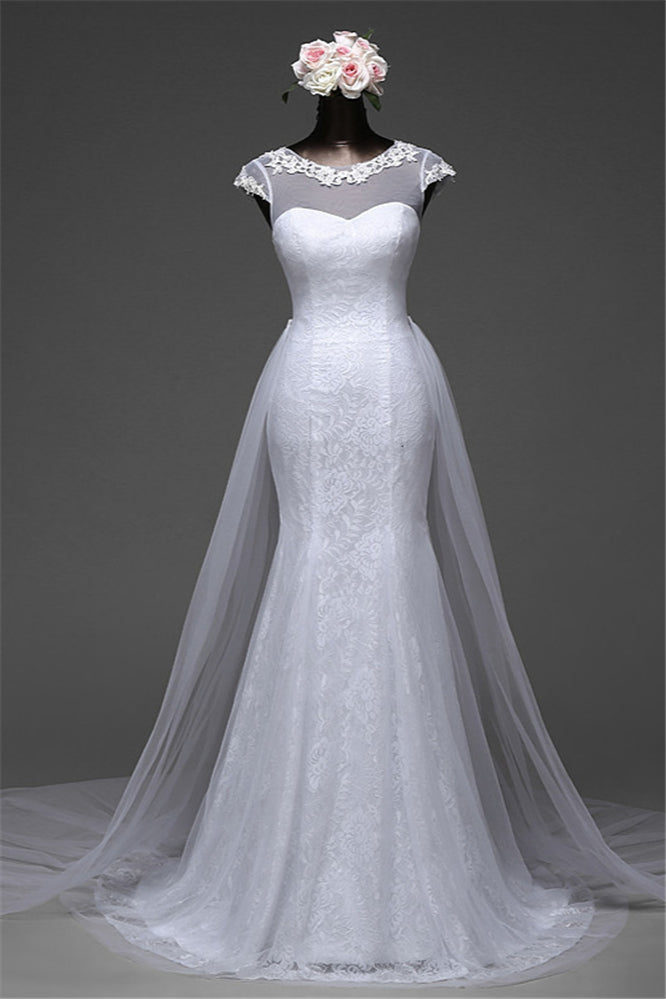 Pretty Jewel Lace Long Mermaid Wedding Dress With Overskirt
