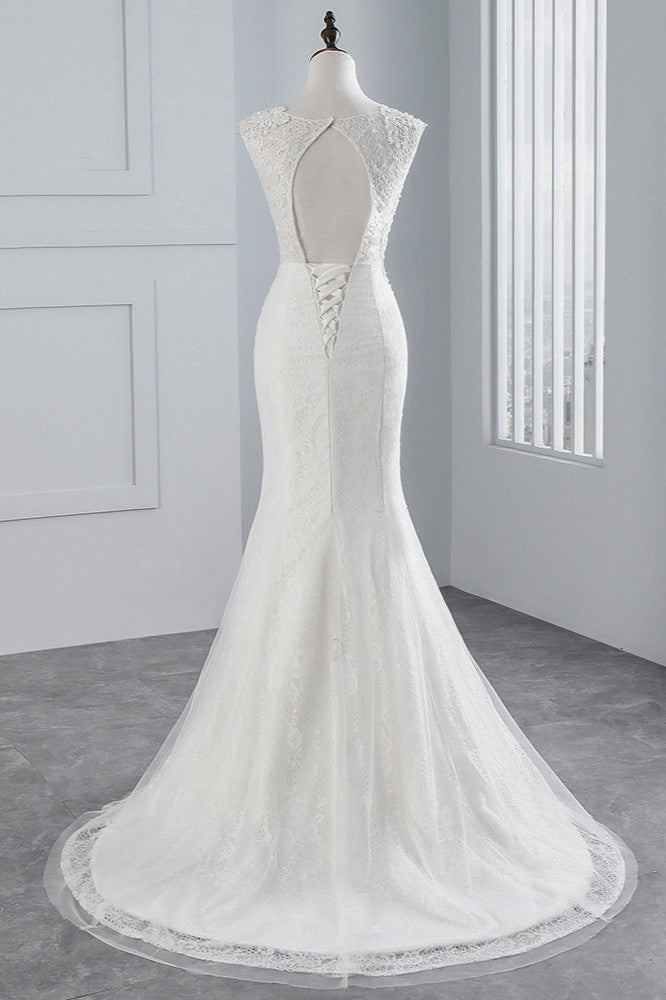 Pretty Jewel Sleeveless Long Mermaid Wedding Dress with Lace Appliques