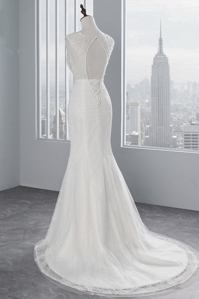 Pretty Jewel Sleeveless Long Mermaid Wedding Dress with Lace Appliques