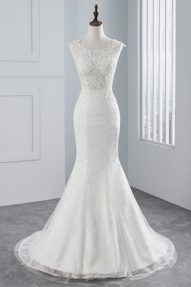 Pretty Jewel Sleeveless Long Mermaid Wedding Dress with Lace Appliques