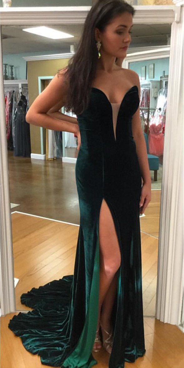 Velvet Sweetheart Mermaid Prom Dresses Long Slit Evening Gowns