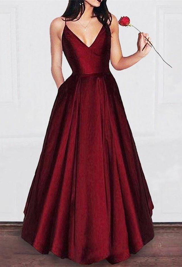 Spaghetti Straps V-neck Floor Length Long Prom Dress Satin Evening Gowns