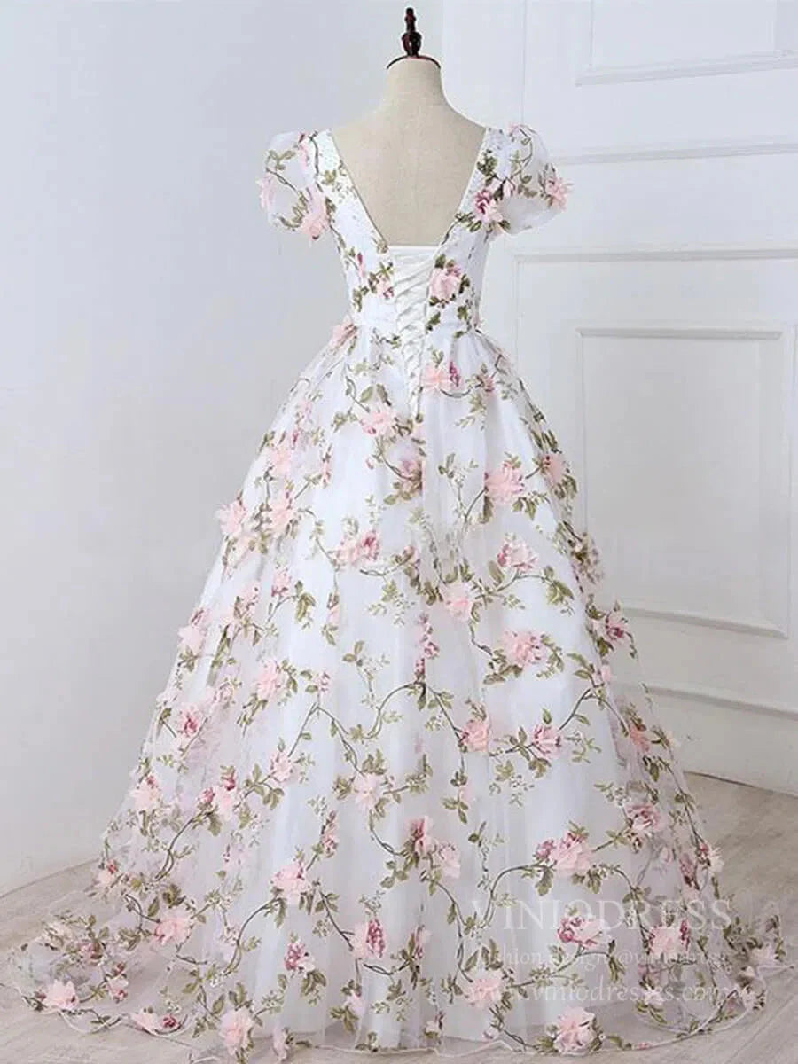 3D Floral Prom Dresses for Teens V-neck Flower Blossom Ball Gowns FD1685