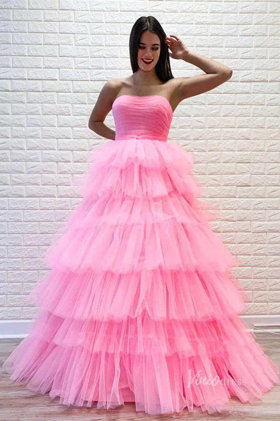 Bright Pink Tiered Prom Dress Strapless Ruffle Tulle Pageant Gown FD2855