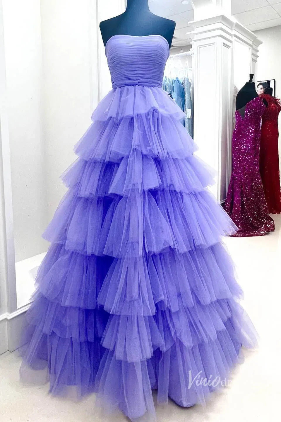 Bright Pink Tiered Prom Dress Strapless Ruffle Tulle Pageant Gown FD2855