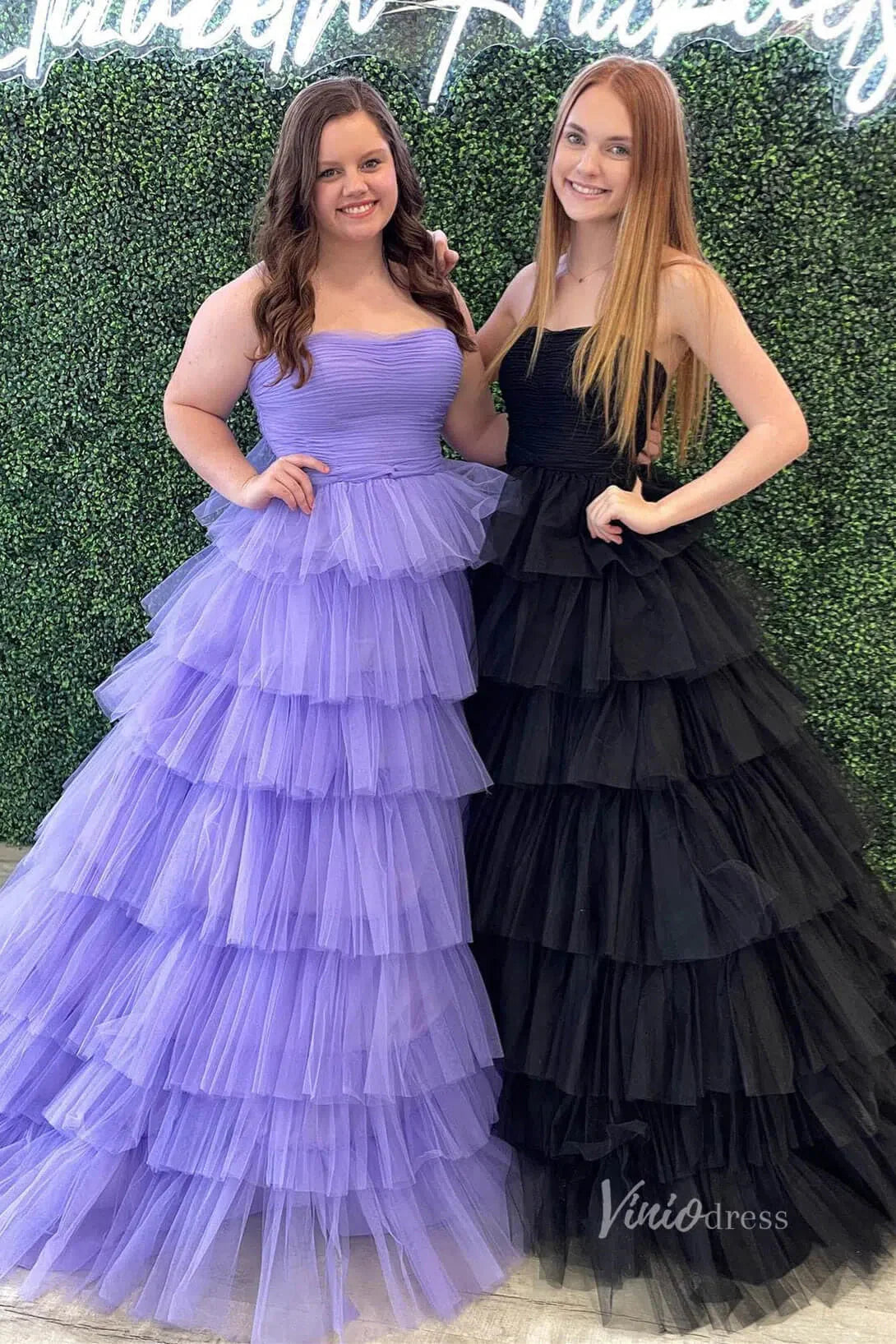 Bright Pink Tiered Prom Dress Strapless Ruffle Tulle Pageant Gown FD2855