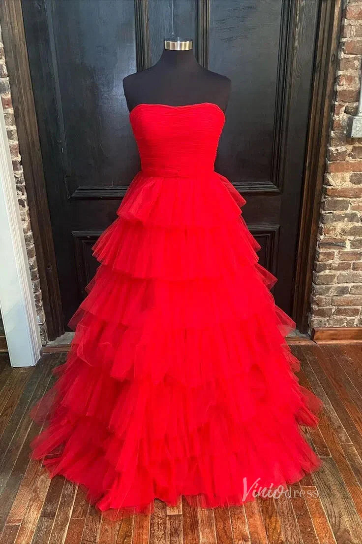 Bright Pink Tiered Prom Dress Strapless Ruffle Tulle Pageant Gown FD2855