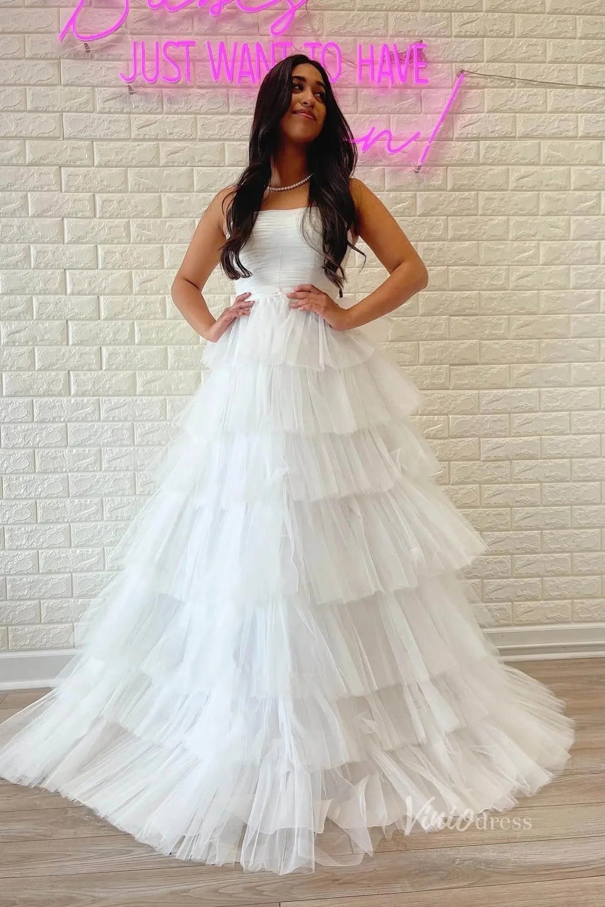 Bright Pink Tiered Prom Dress Strapless Ruffle Tulle Pageant Gown FD2855
