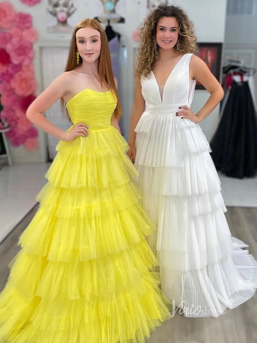 Bright Pink Tiered Prom Dress Strapless Ruffle Tulle Pageant Gown FD2855