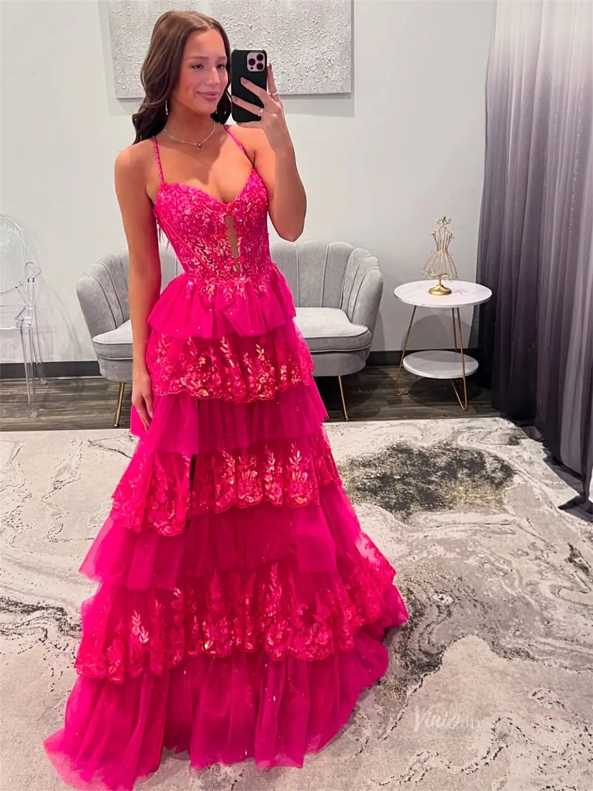 Fuchsia Sparkly Lace Tiered Prom Dresses with Slit & Spaghetti Strap - FD3745