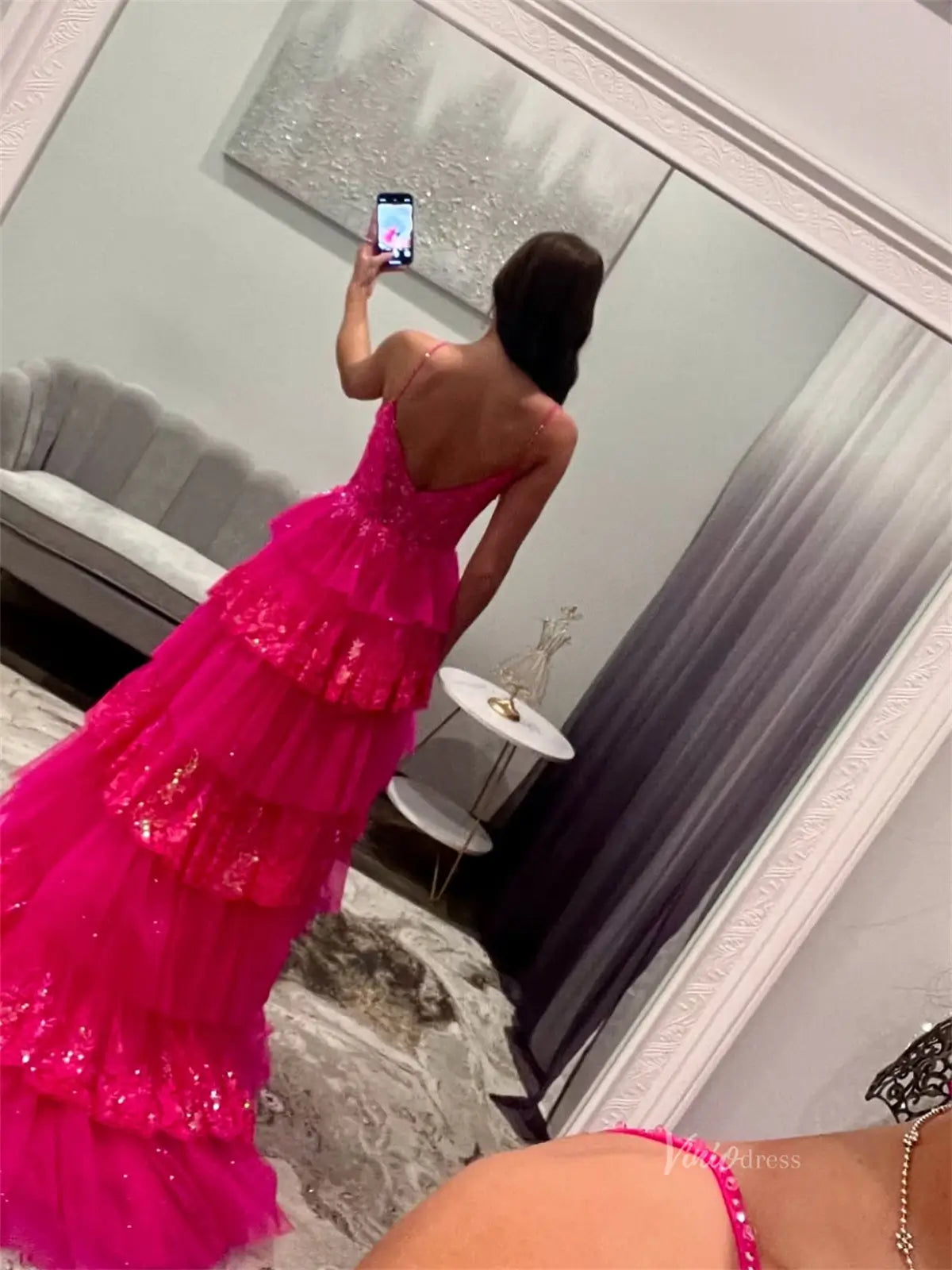 Fuchsia Sparkly Lace Tiered Prom Dresses with Slit & Spaghetti Strap - FD3745