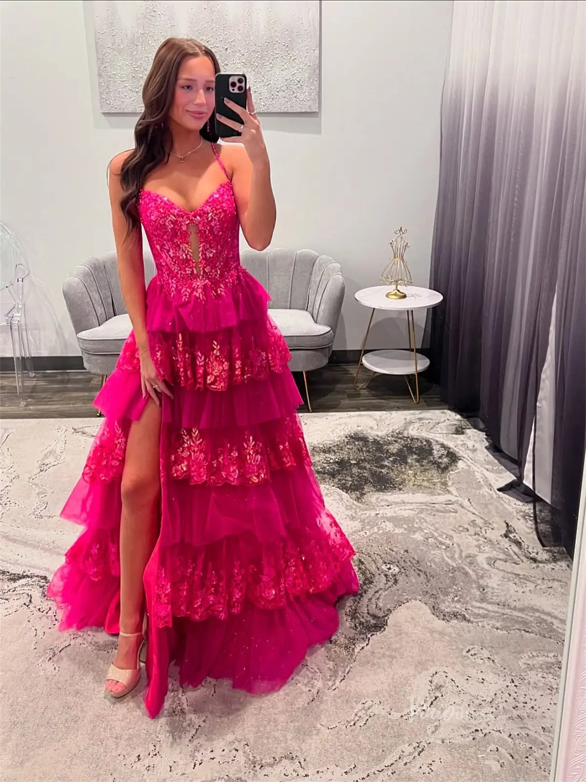 Fuchsia Sparkly Lace Tiered Prom Dresses with Slit & Spaghetti Strap - FD3745