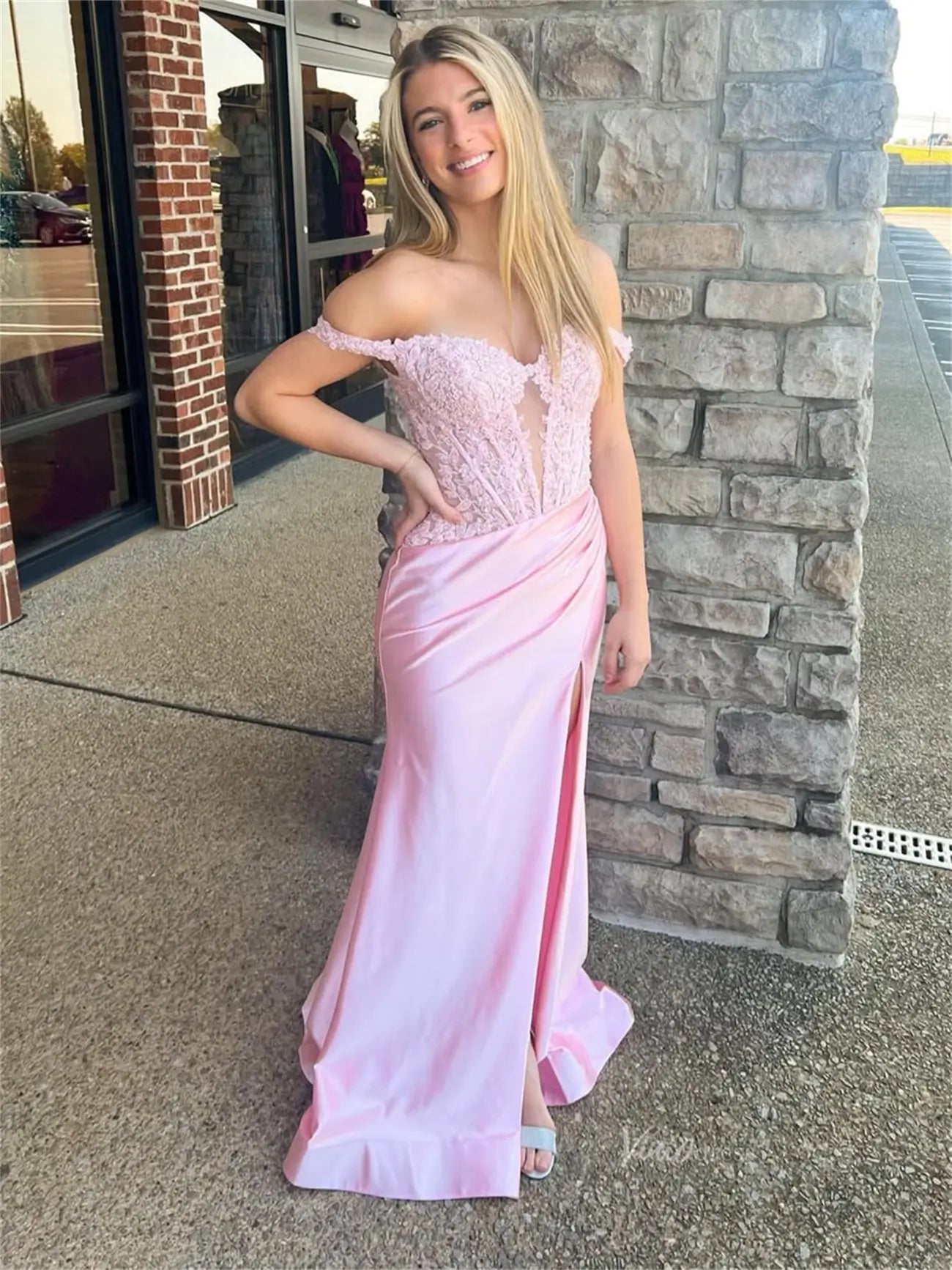 Sheath Pink Satin Prom Dresses 2025 with Slit, Lace Bodice & Off the Shoulder - FD6014