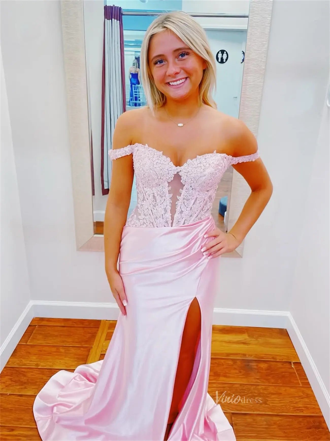 Sheath Pink Satin Prom Dresses 2025 with Slit, Lace Bodice & Off the Shoulder - FD6014