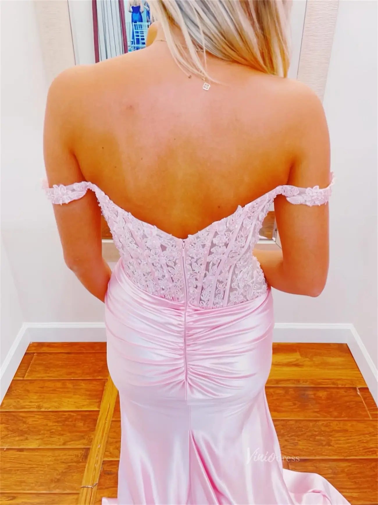 Sheath Pink Satin Prom Dresses 2025 with Slit, Lace Bodice & Off the Shoulder - FD6014