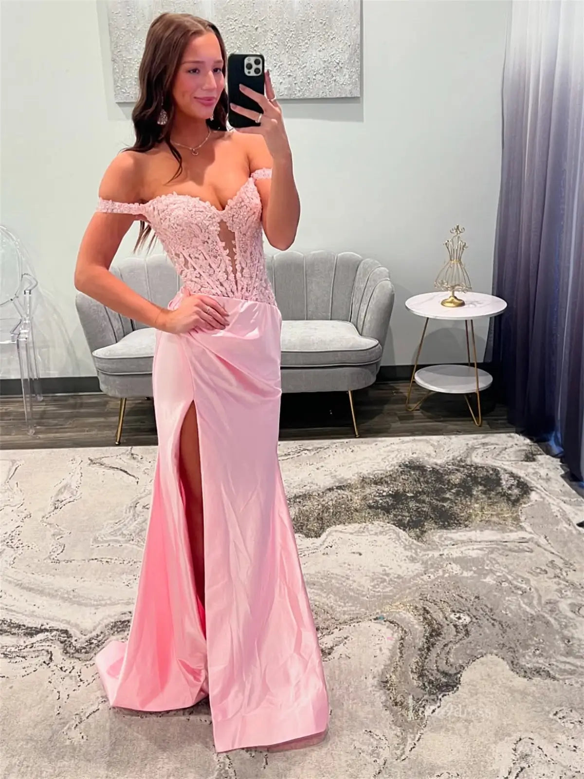 Sheath Pink Satin Prom Dresses 2025 with Slit, Lace Bodice & Off the Shoulder - FD6014
