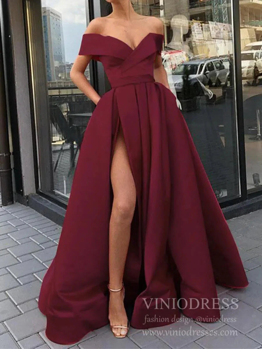 Simple Elegant Satin Prom Dresses with Pockets High Slit FD1826B