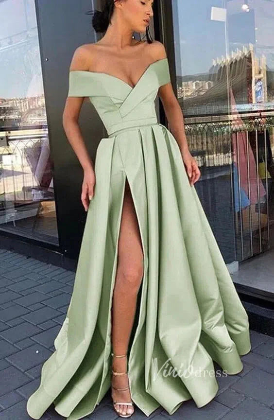 Simple Elegant Satin Prom Dresses with Pockets High Slit FD1826B