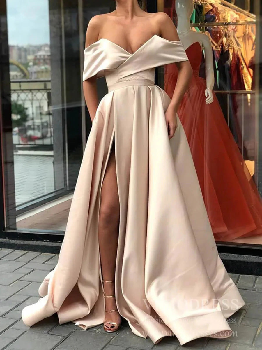 Simple Elegant Satin Prom Dresses with Pockets High Slit FD1826B
