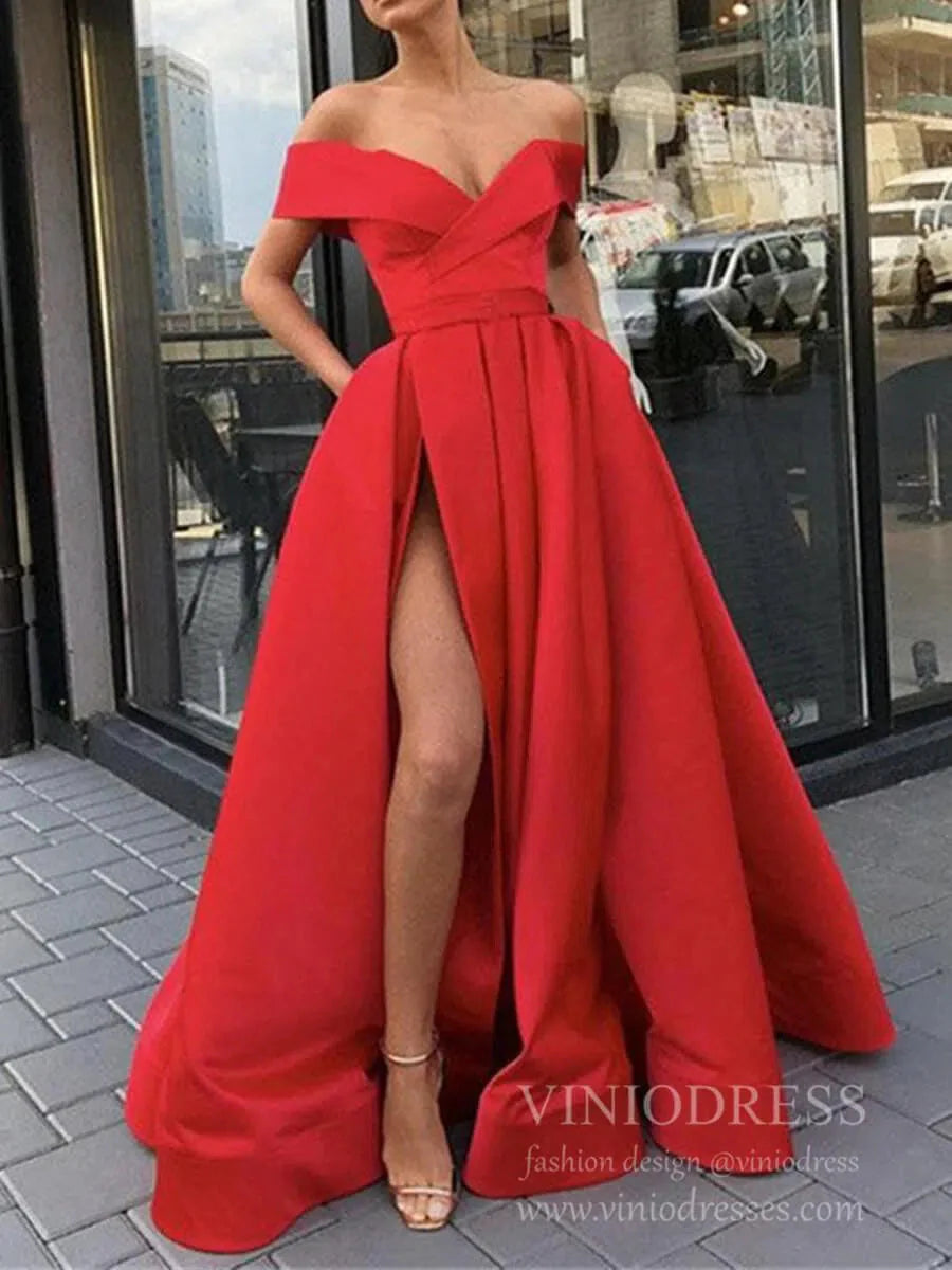 Simple Elegant Satin Prom Dresses with Pockets High Slit FD1826B