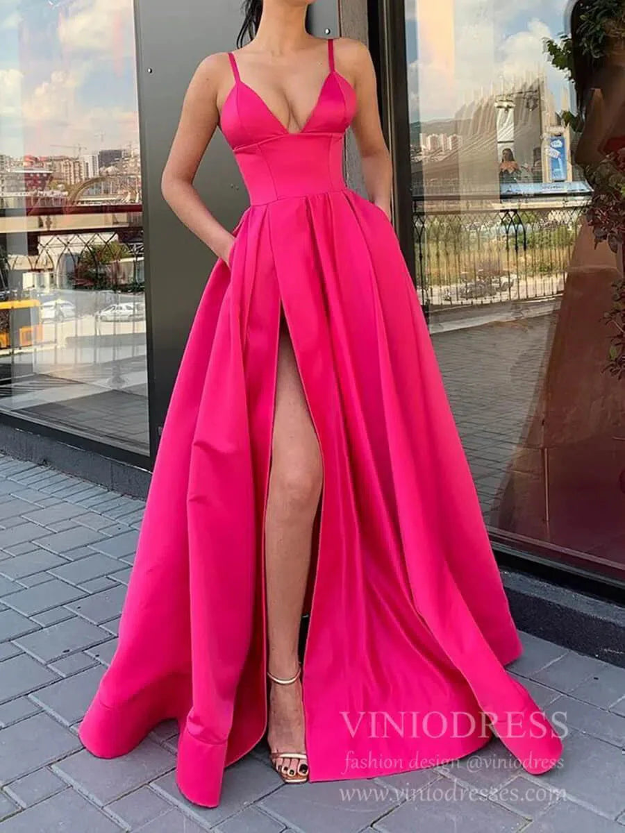 Simple Elegant Spaghetti Strap Satin Prom Dress High Slit Gown with Pockets FD1551